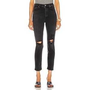 Agolde Nico High Rise Slim Straight Denim Jeans Distressed Cassette Black Sz 25